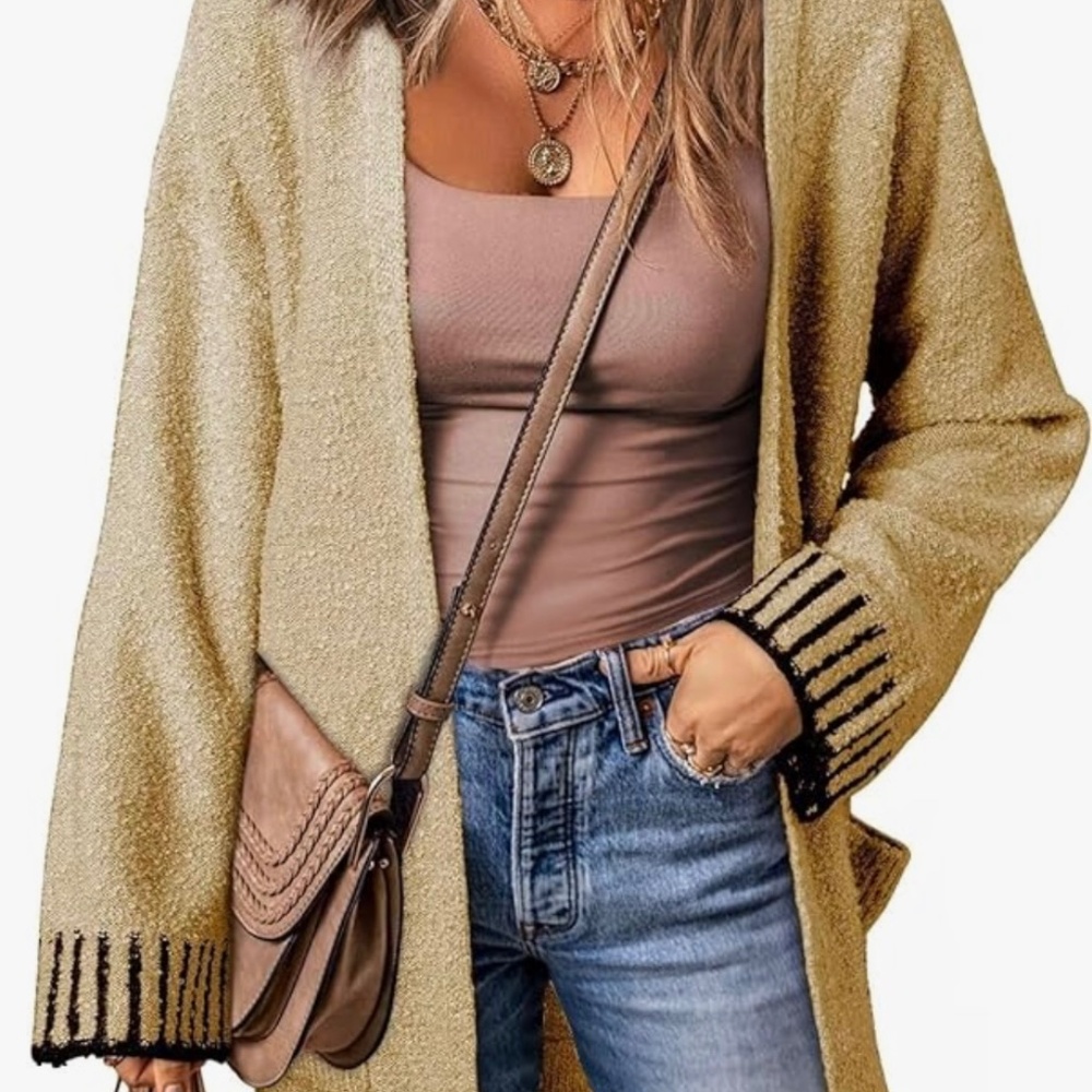 New Women’s Cardigan Duster Sweater Oversized Pockets Tan Black Accent Wrists Lg